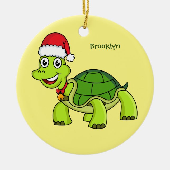 Cute happy tortoise wearing Santa hat  Ceramic Tree Decoration (Front)
