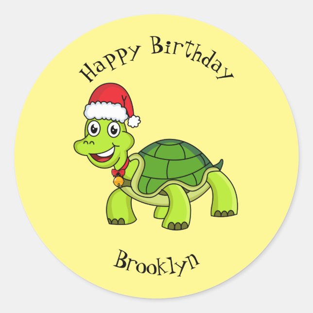 Cute happy tortoise wearing Santa hat Classic Round Sticker (Front)
