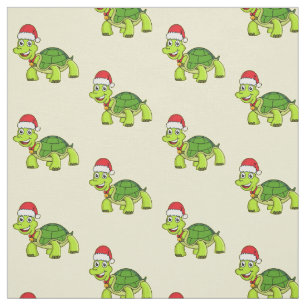 Cute happy tortoise wearing Santa hat Fabric