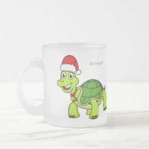Cute happy tortoise wearing Santa hat Frosted Glass Coffee Mug