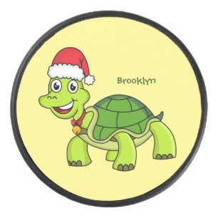 Cute happy tortoise wearing Santa hat Hockey Puck