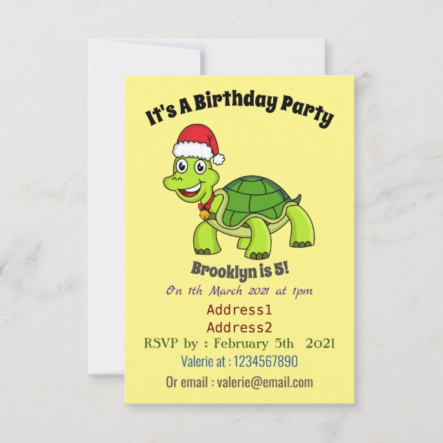 Cute happy tortoise wearing Santa hat Invitation (Front)