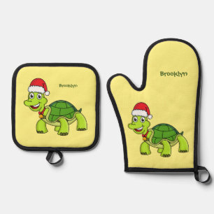 Cute happy tortoise wearing Santa hat Oven Mitt & Pot Holder Set