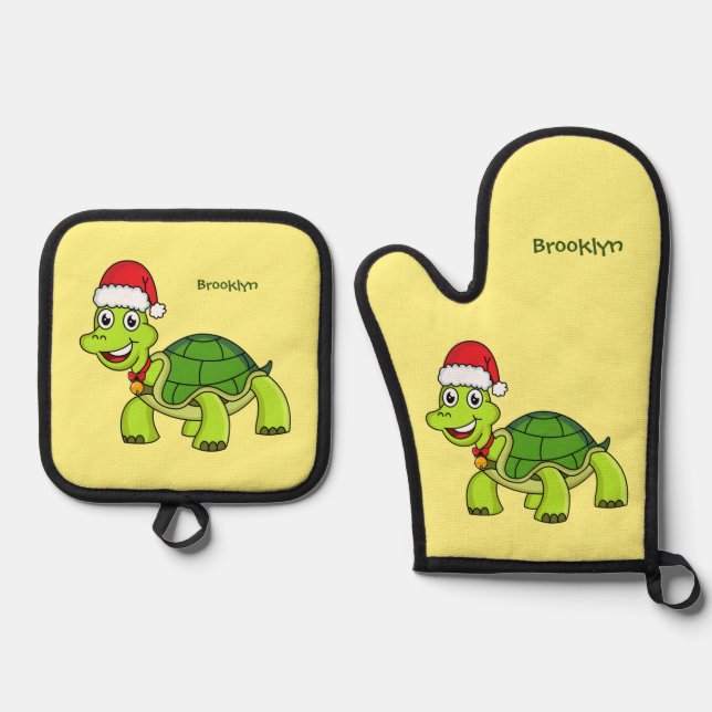 Cute happy tortoise wearing Santa hat Oven Mitt & Pot Holder Set (Front)