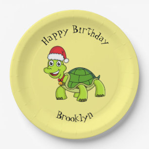Cute happy tortoise wearing Santa hat Paper Plate