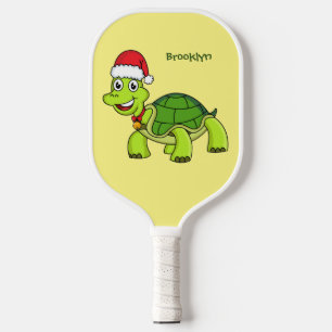 Cute happy tortoise wearing Santa hat Pickleball Paddle