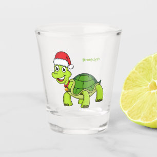 Cute happy tortoise wearing Santa hat Shot Glass