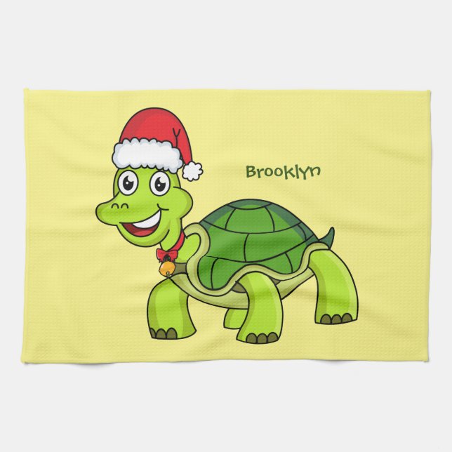 Cute happy tortoise wearing Santa hat Tea Towel (Horizontal)