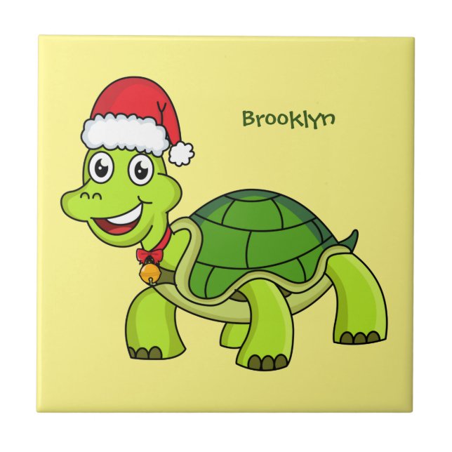 Cute happy tortoise wearing Santa hat Tile (Front)