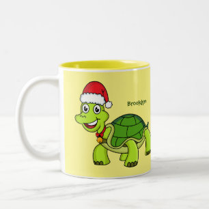 Cute happy tortoise wearing Santa hat Two-Tone Coffee Mug
