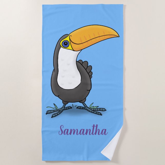 Cute happy toucan cartoon illustration beach towel (Front)