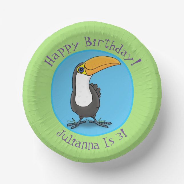 Cute happy toucan cartoon illustration paper plate (Front)