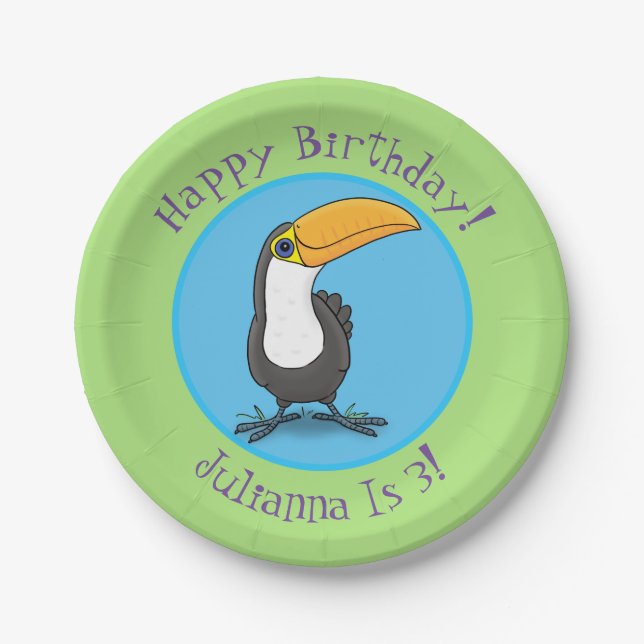 Cute happy toucan cartoon illustration paper plate (Front)