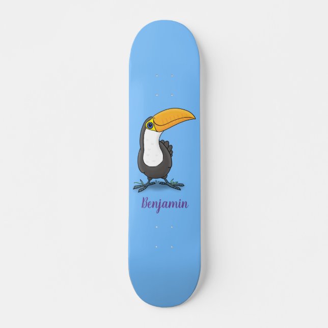Cute happy toucan cartoon illustration skateboard (Front)