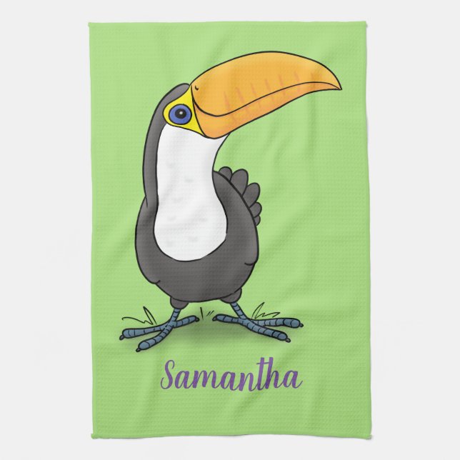 Cute happy toucan cartoon illustration tea towel (Vertical)