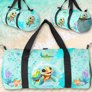 Cute Happy Turtle Boy Ocean Blue Turquoise Name Duffle Bag
