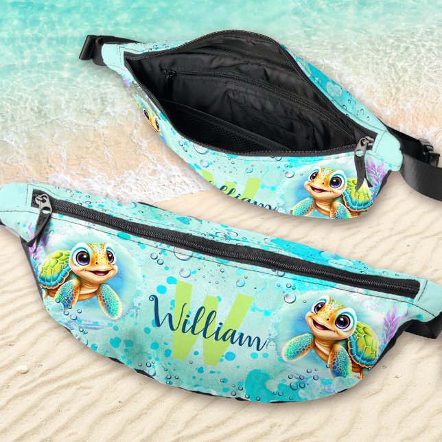 Cute Happy Turtle Boy Ocean Turquoise Name Bum Bags (Cute Happy Turtle Boy Ocean Turquoise Name Fanny Pack)