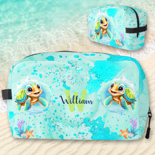 Cute Happy Turtle Boy Ocean Turquoise Name Dopp Kit