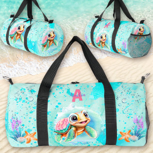Cute Happy Turtle Girl Ocean Pink Turquoise Name Duffle Bag