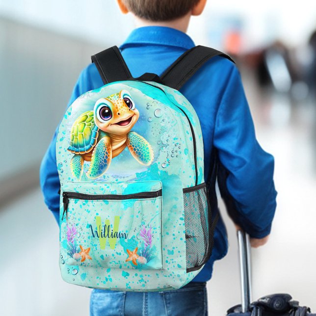 Cute Happy Turtle Ocean Turquoise Name Monogram Printed Backpack (Cute Happy Turtle Ocean Turquoise Name Monogram Printed Backpack)
