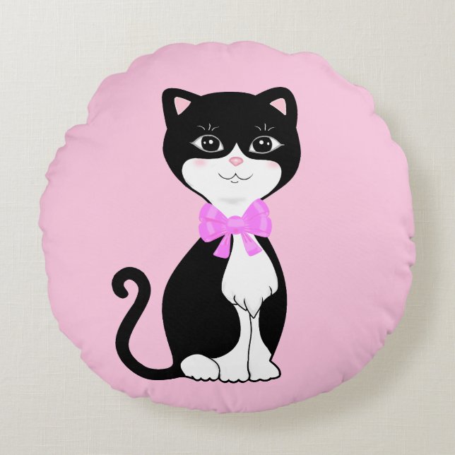 Cute Happy Tuxedo Cat on Light Pink Round Cushion (Front)