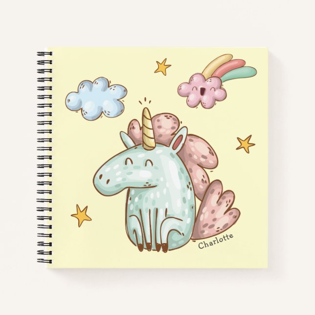 Cute Happy Unicorn with Child's Name Notebook (Front)