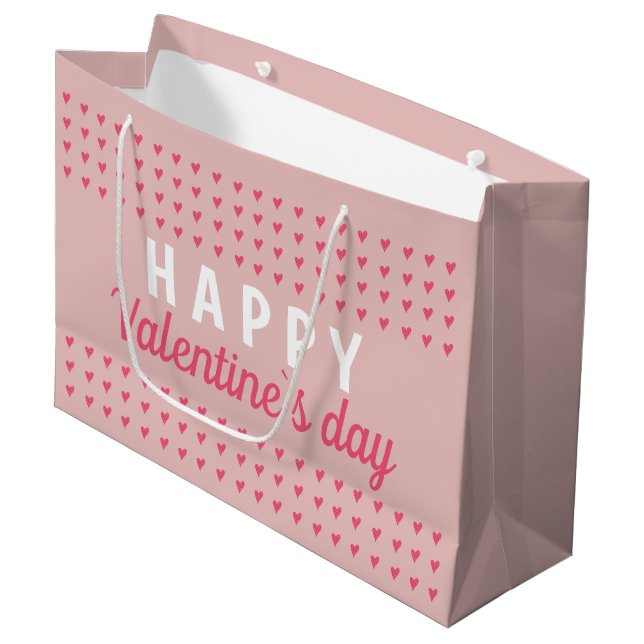 Cute Happy Valentine`s Day Pink Heart Pattern Large Gift Bag (Front Angled)
