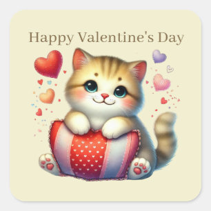 Cute Happy Valentine's Day cat Square Sticker