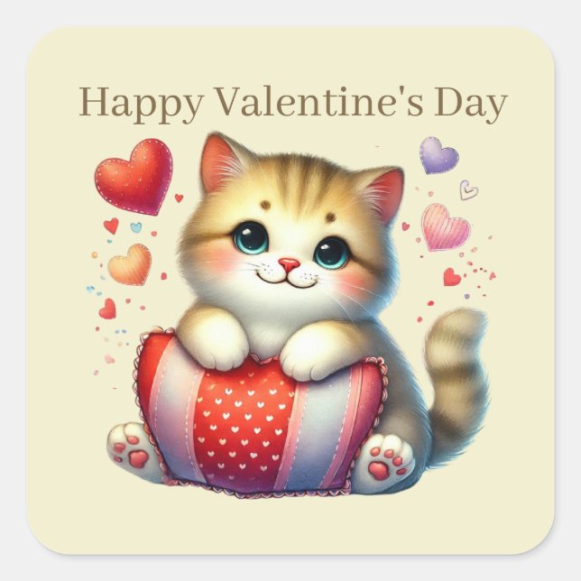 Cute Happy Valentine's Day cat Square Sticker (Front)