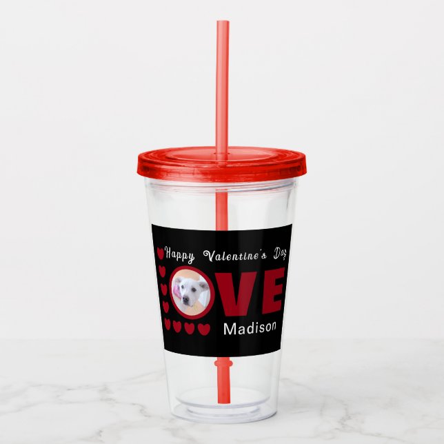 Cute Happy Valentines Day Dog Love Hearts Red Acrylic Tumbler (Front)