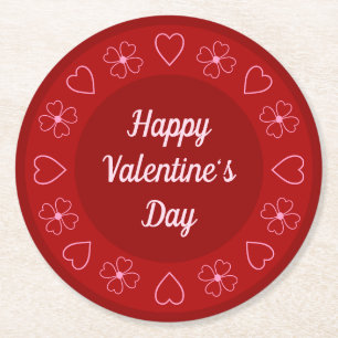 Cute Happy Valentine's Day Hearts and flowers Red Round Paper Coaster