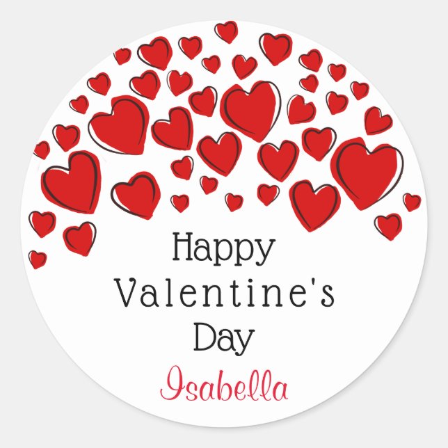 Cute Happy Valentine's Day Red Hearts Personalised Classic Round Sticker (Front)