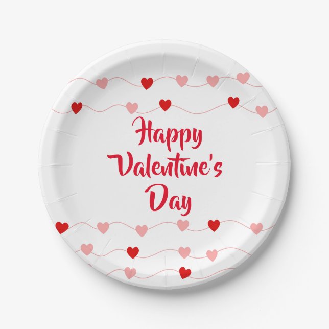 Cute Happy Valentines Day String Hearts Red Pink Paper Plate (Front)