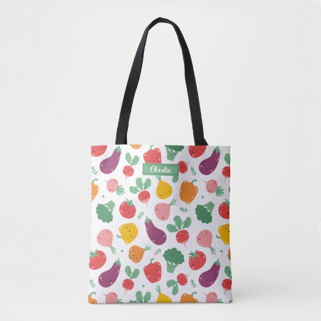 Cute happy veggies on white background tote bag (Front)