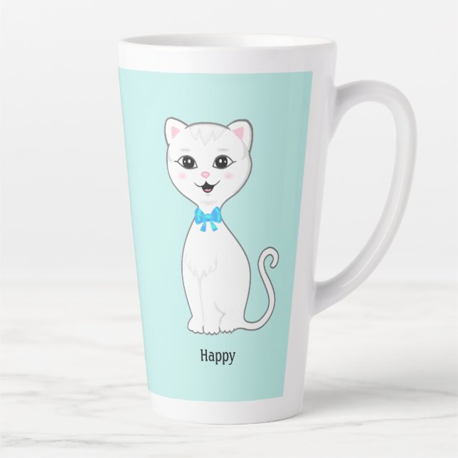 Cute Happy White Cat on Light Blue Latte Mug (Right)