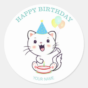 Cute Happy White Cat with Balloons Birthday Classic Round Sticker