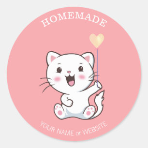 Cute Happy White Cat with Heart Balloon Homemade C Classic Round Sticker