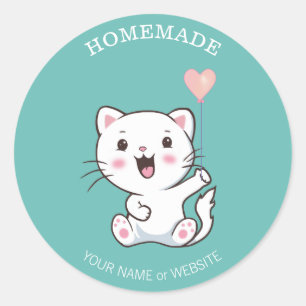 Cute Happy White Cat with Heart Balloon Homemade Classic Round Sticker