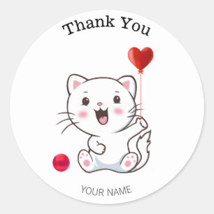 Cute Happy White Cat with Heart Balloon Thank You Classic Round Sticker