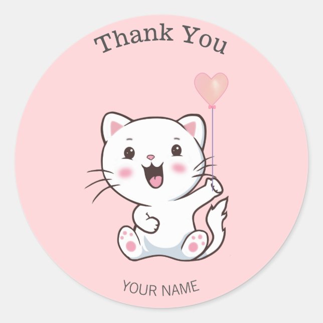 Cute Happy White Cat with Heart Balloon Thank You Classic Round Sticker (Front)