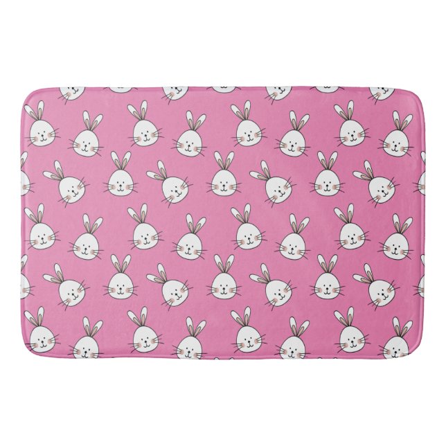 Cute Happy White Easter Bunny on Pink Bath Mat (Front)