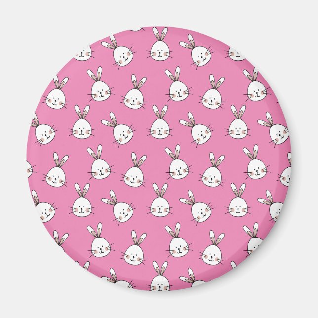 Cute Happy White Easter Bunny on Pink Magnet (Front)