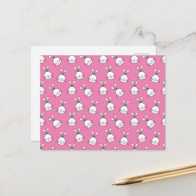 Cute Happy White Easter Bunny on Pink Postcard (Front/Back In Situ)