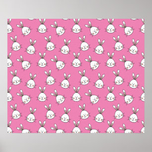 Cute Happy White Easter Bunny on Pink Poster