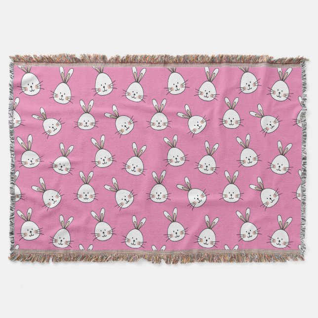 Cute Happy White Easter Bunny on Pink Throw Blanket (Front)