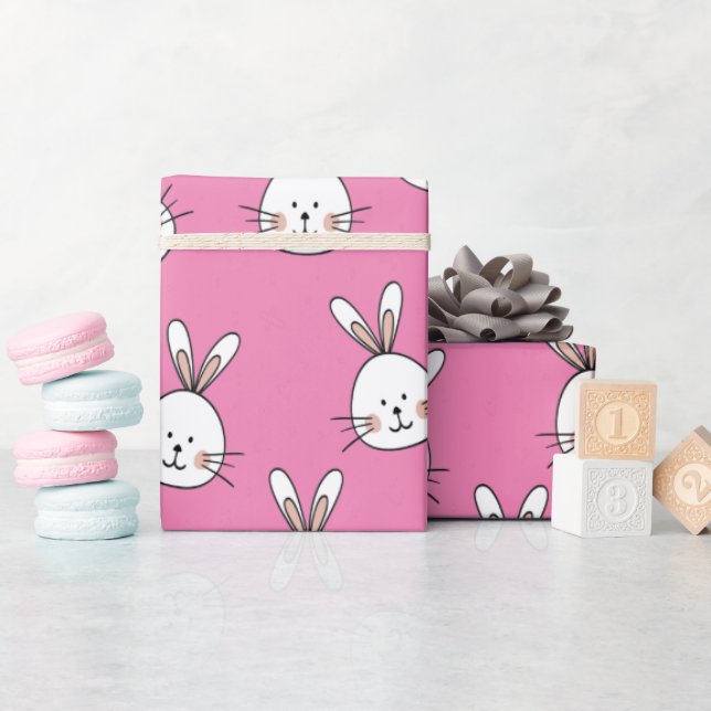 Cute Happy White Easter Bunny on Pink Wrapping Paper (Baby Shower)