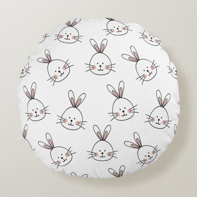 Cute Happy White Easter Bunny Round Cushion (Front)