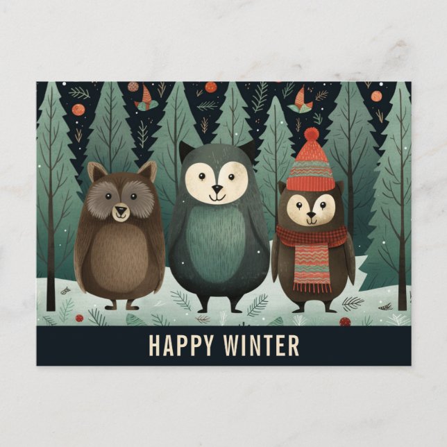 Cute Happy Winter Woodland Forest Animal Postcard (Front)