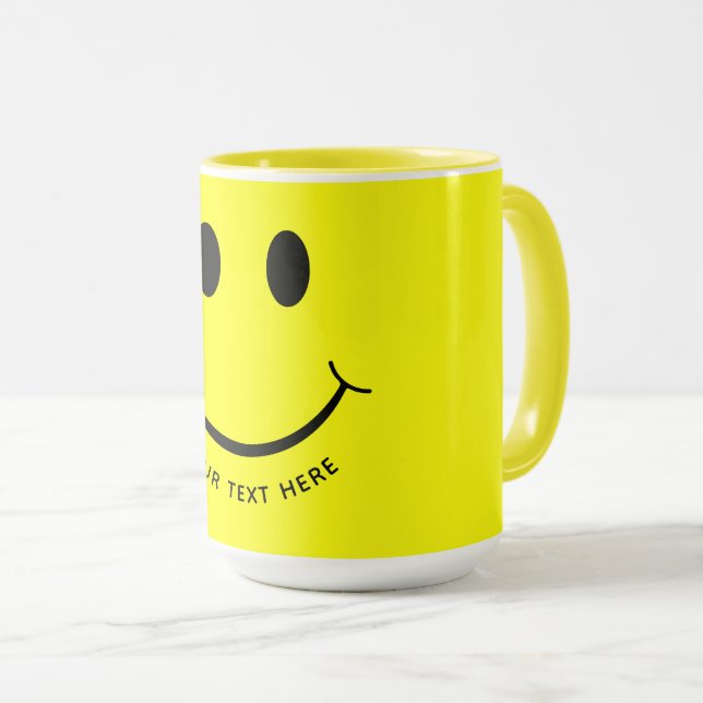 Cute Happy Yellow Face Add Text | Bottom Mug (Front Right)