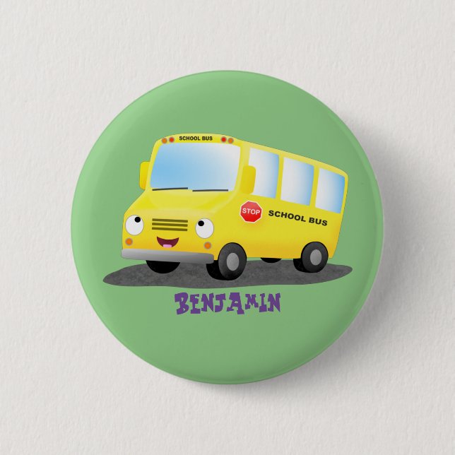 Cute happy yellow school bus cartoon 6 cm round badge (Front)